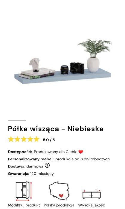 Półka wisząca- niebieska 50cm/ 15cm YRKE