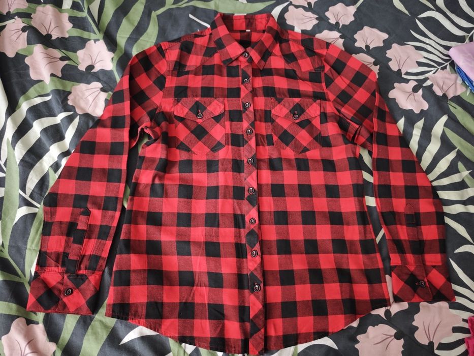 Koszula długi rękaw krata kratka czerwono czarna