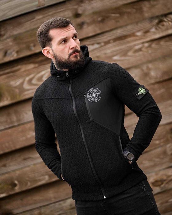 Худі Стон Айленд на флісі Кофта Stone Island Чорна с QR