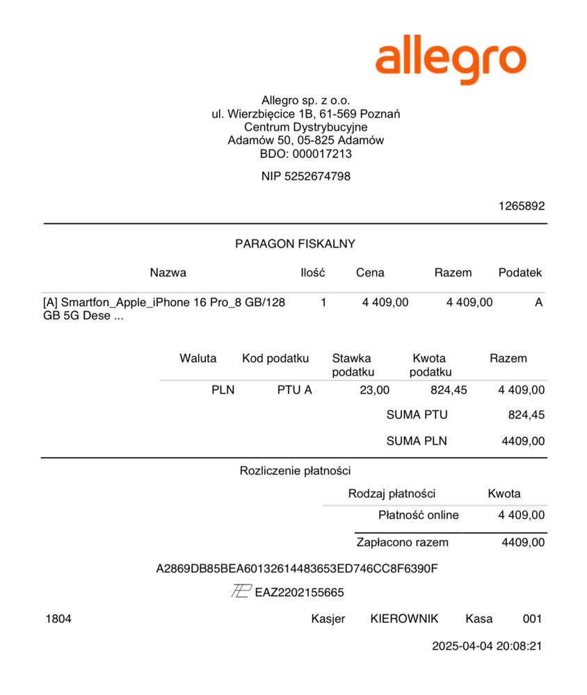 Prawie nowy Iphone 16 pro rachunek grupa Allegro