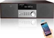 LONPOO Radio Wieża stereo Drewno HiFi CD Bluetooth FM USB AUX