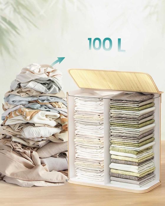 Kosz na pranie 100L 2 komory, składany z pokrywą, wyjmowany worek