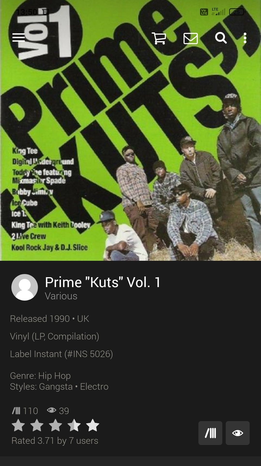 Prime "Kuts" Vol. 1 LP compilation Ice Cube Ice T Instant UK 1990