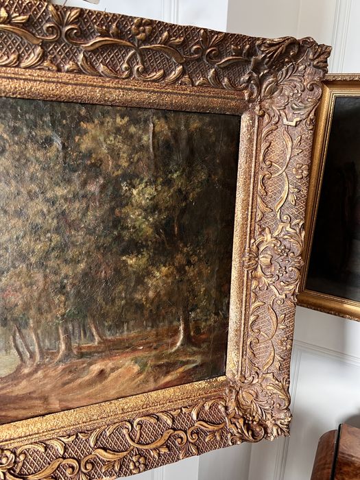 Stary duży obraz olejny antyk pejzaż drzewa las 1950 vintage zlota