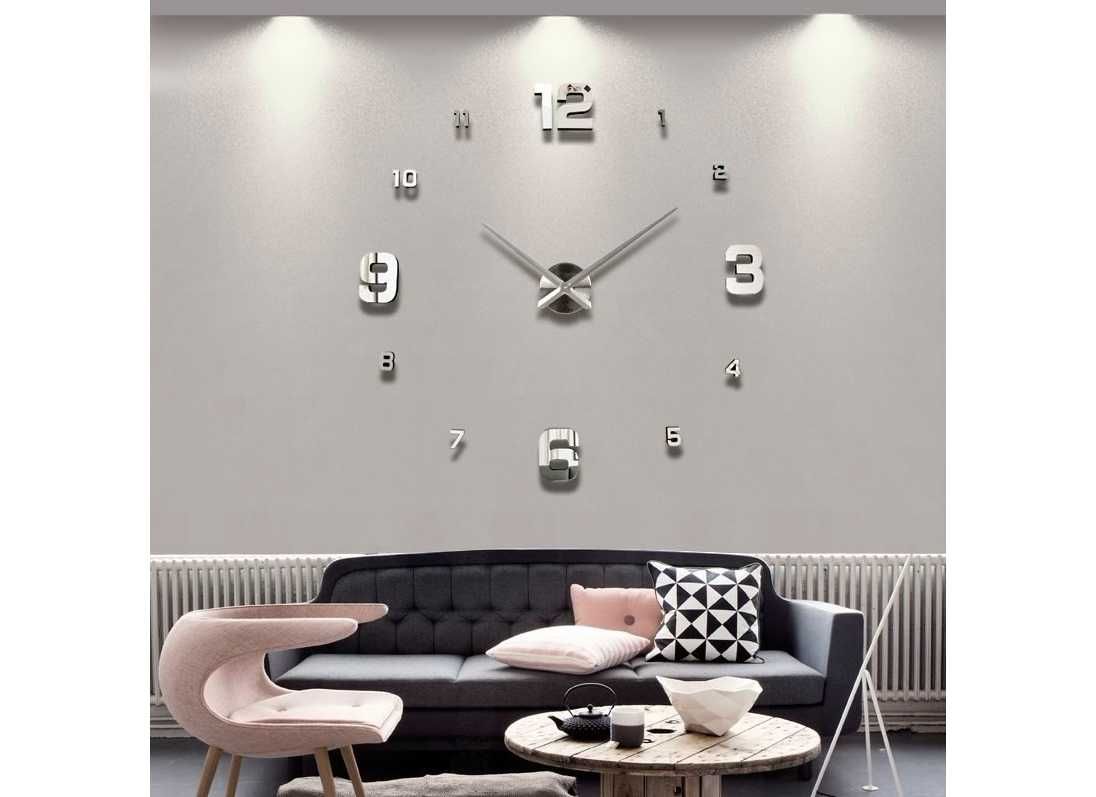 Zegar ścienny srebrny 3D lustrzany naklejany 50 do 90 cm DIY