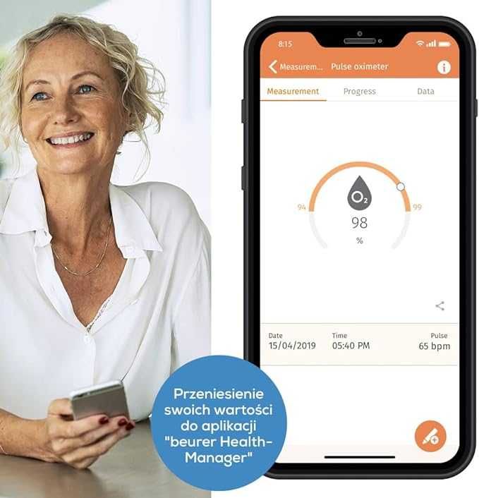 Beurer PO 60 Pulsoksymetr z Bluetooth, nasycenie krwi tlenem tętniczym
