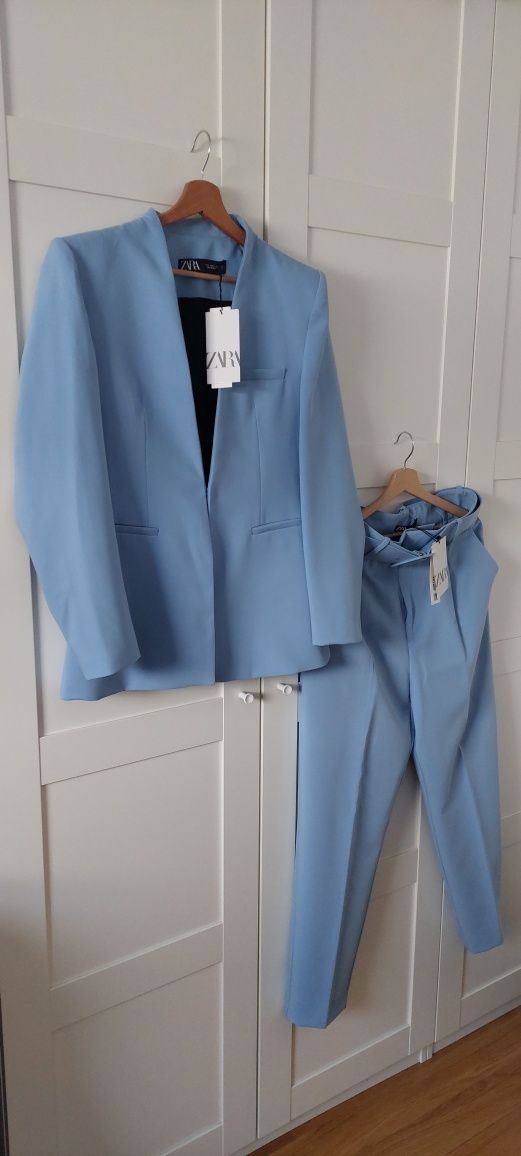 Niebieski błękitny garnitur nowy z metkami ZARA spodnie i marynarka 40