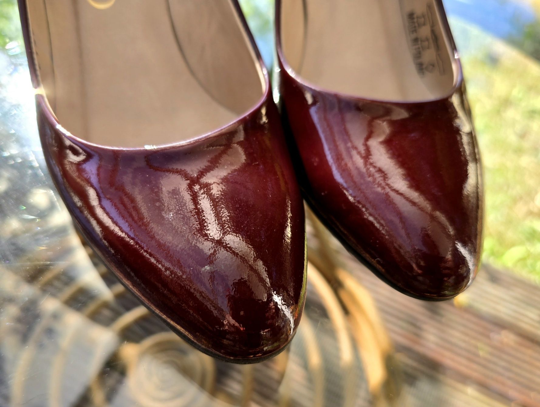 Ryłko Bordowe Buty na obcasie czółenka skóra lakierowana wine red