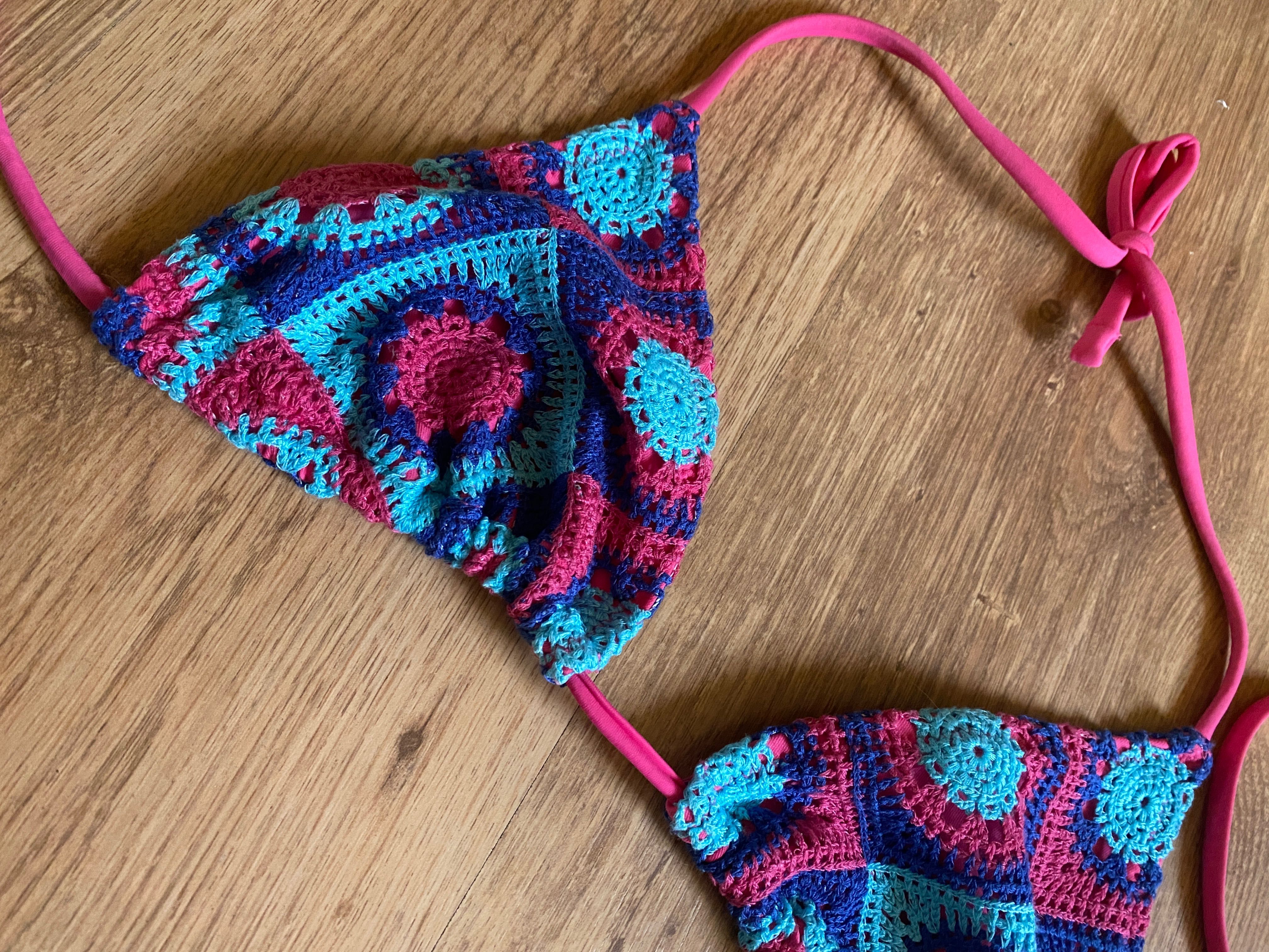 Bikini stanik biustonosz top vintage crochet na szydełku różowe