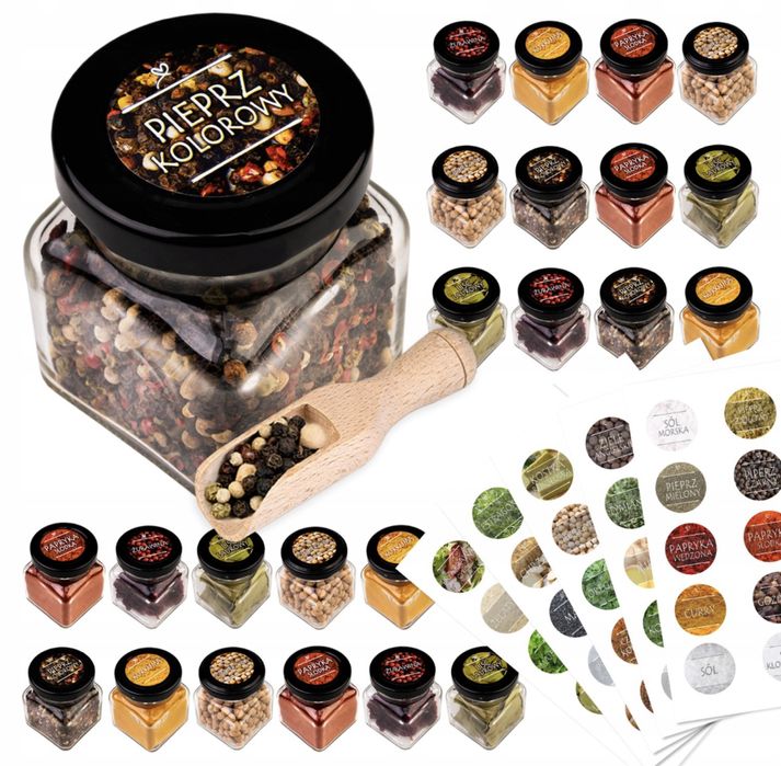 MEGA ZESTW POJEMNIKI SŁOIKI na przyprawy słoiczki+ naklejki GRATIS!