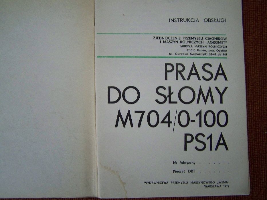 Instrukcja obsługi i katalog prasa do słomy M704/0-100 PS1A