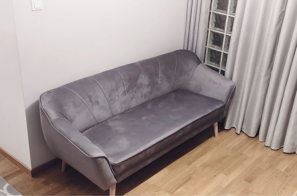 Sofa „muszelka” styl skandynawski | szara kanapa loft