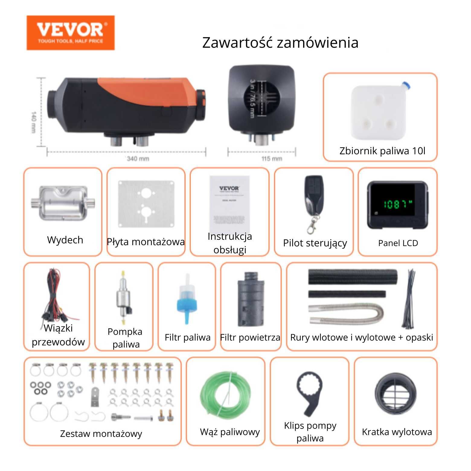 VEVOR Ogrzewanie Nagrzewnica Postojowa Na Olej Napędowy 12V 2Kw +Pilot