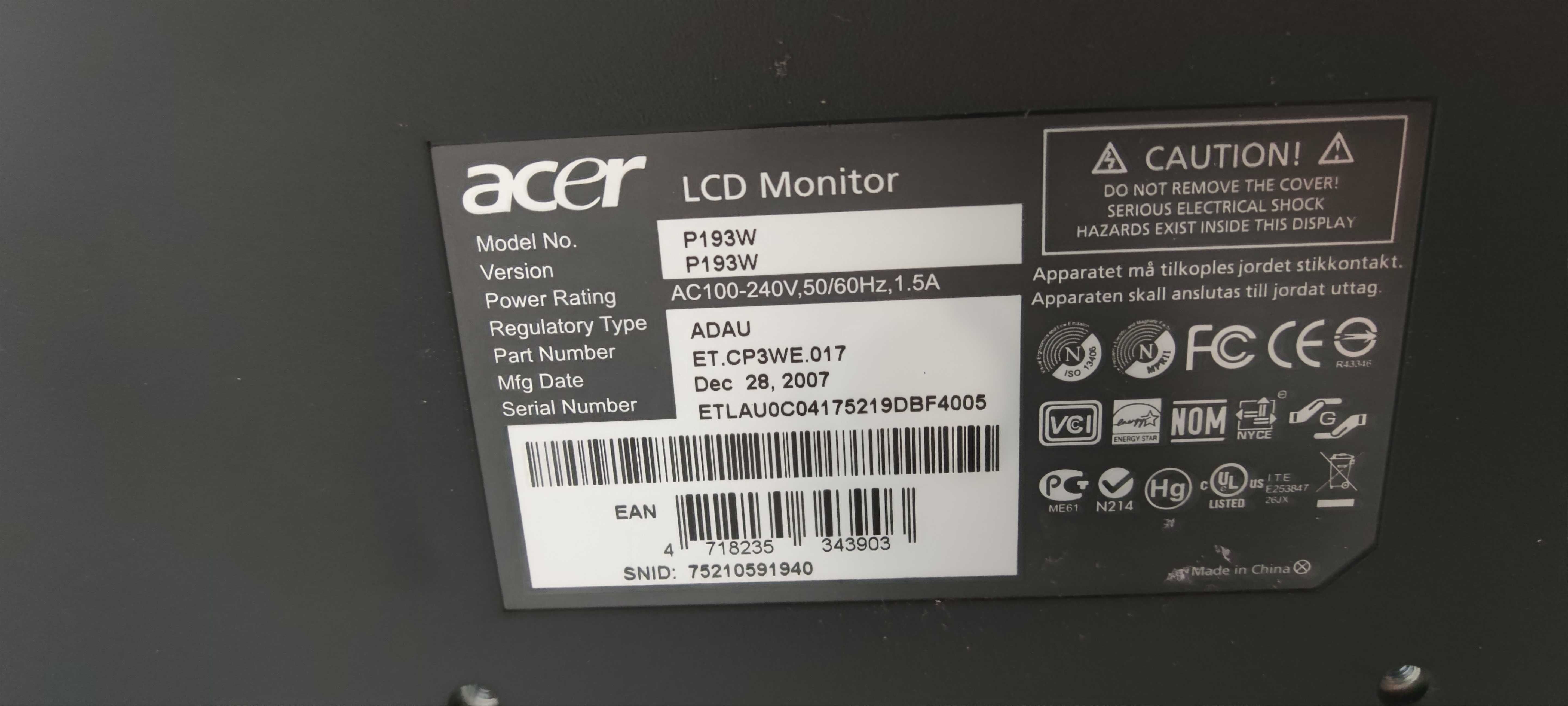 Monitor Acer 19 para reparação ou peças