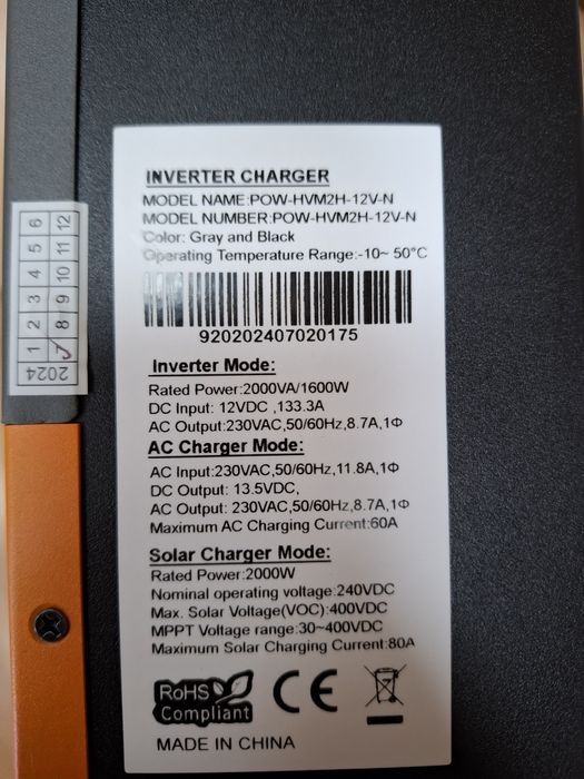 Гібридний інвертор PowMr 1600W 12V POW-HVM2H-12V-N
