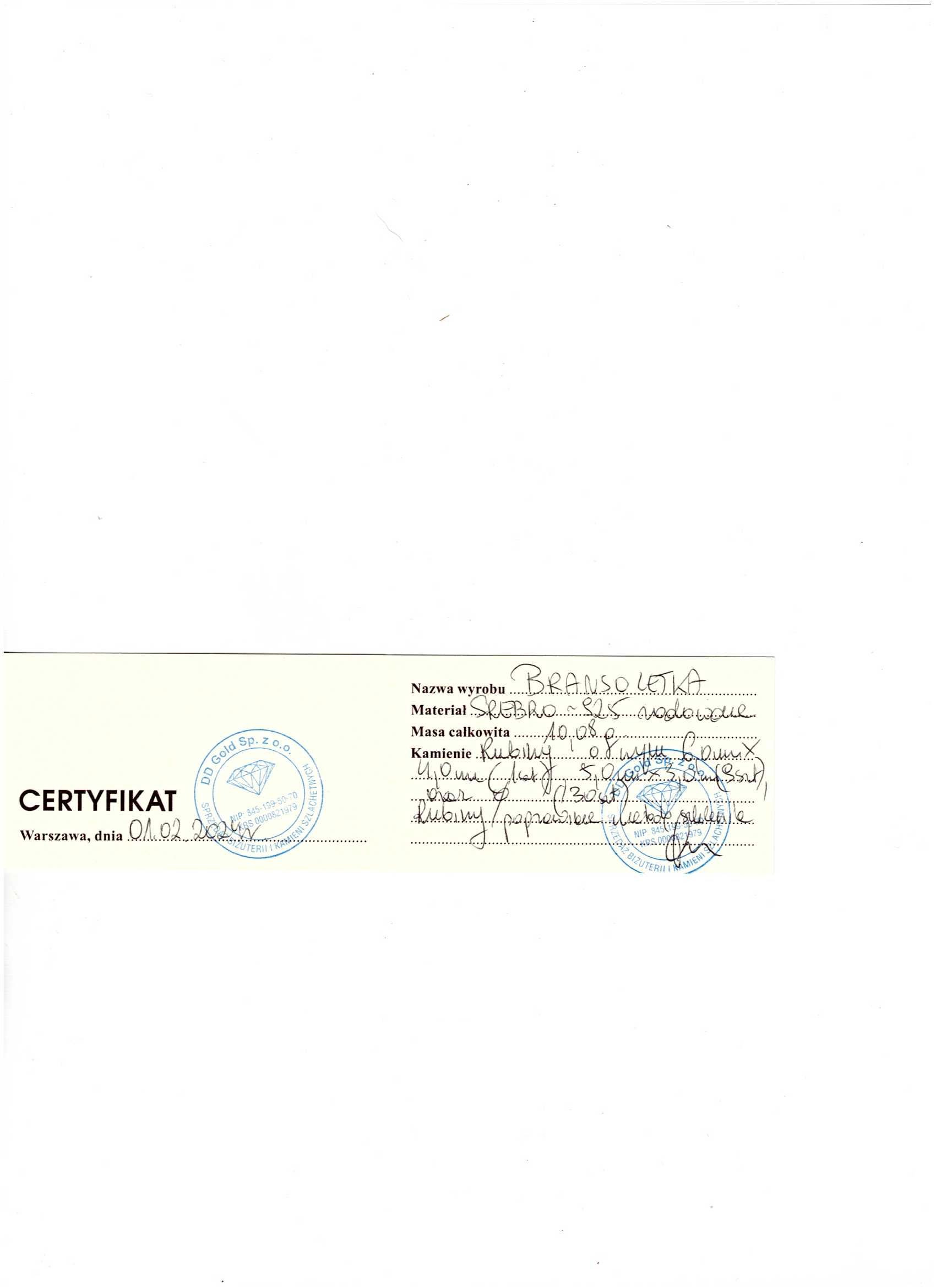 Bransoletka srebro 925 rubiny cyrkonie 10,08 g certyfikat