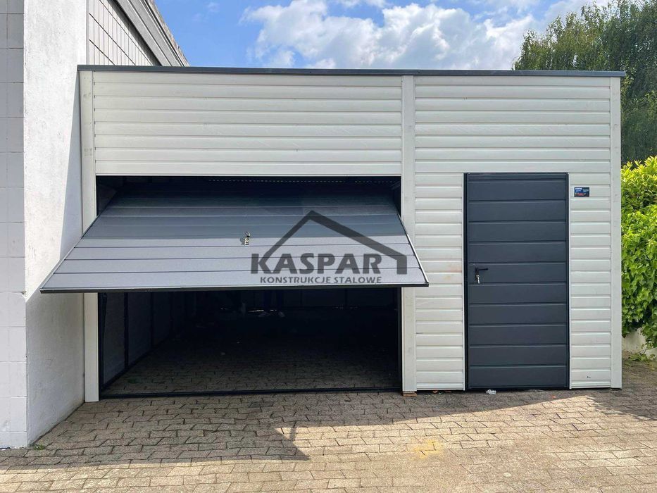 Garaż blaszany 5x6 Brama uchylna + drzwi biały spad w tył  GP120
