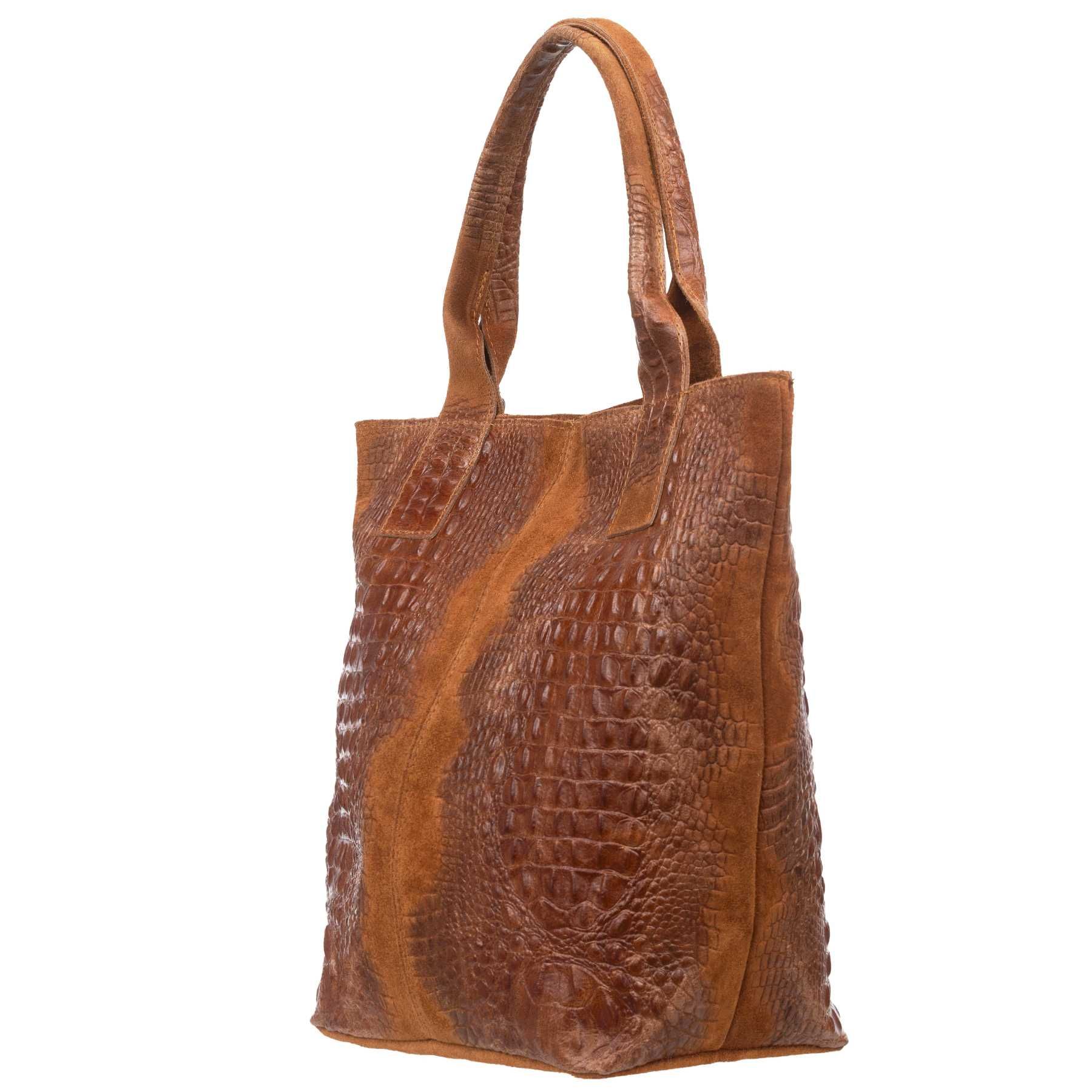 VERA PELLE torebka zamszowa shopper kroko na ramię V141 c.różowa