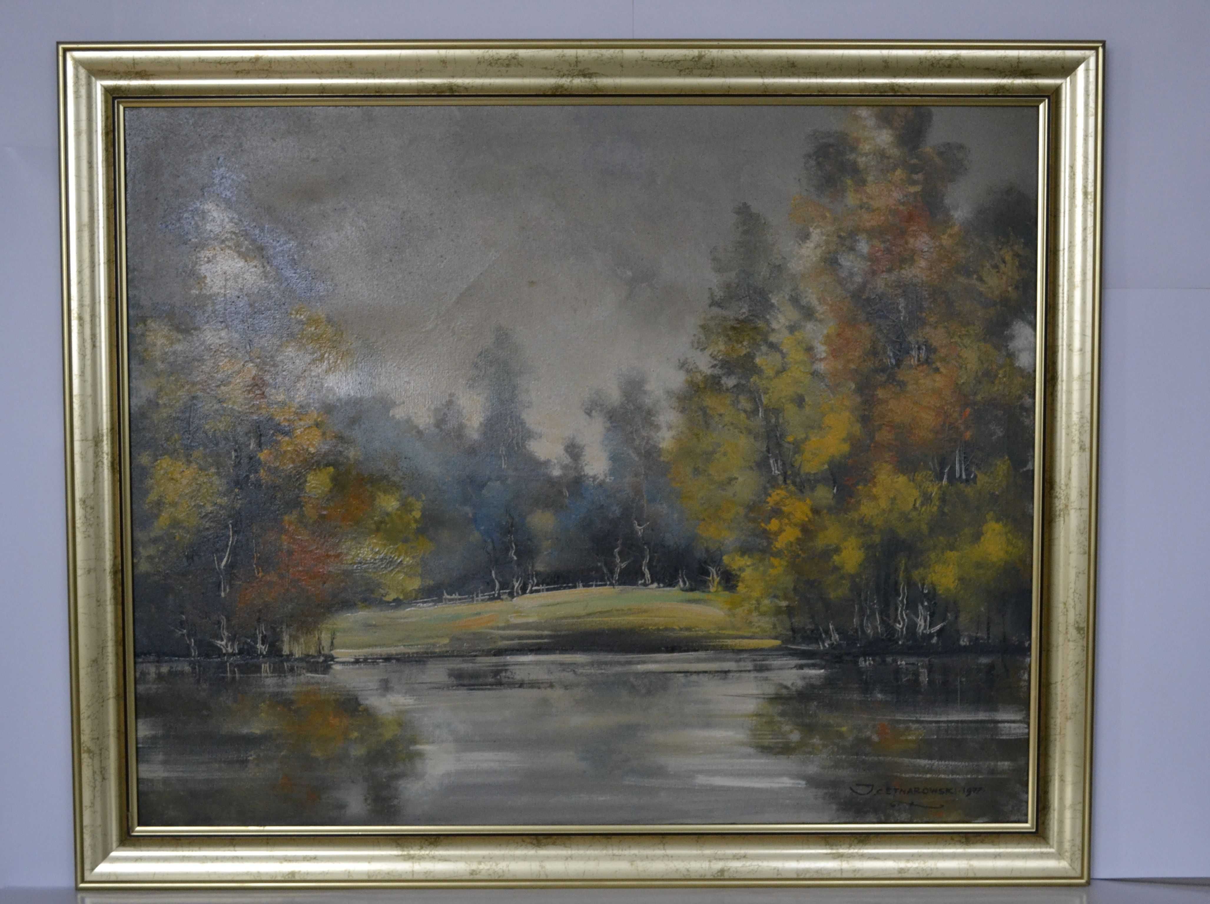 Obraz olejny olej na płótnie Pejzaż z jeziorem J. Cetnarowski 81x100