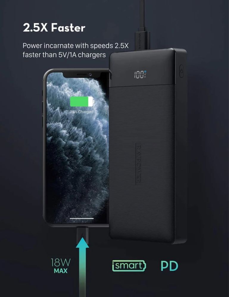 Павербанк Америка RAVPower 18W 20000 mAh QC 3.0 PD Power Bank