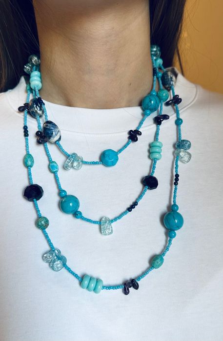 Довгі буси натуральні літні блакитні бірюза голубые летние бусы яркие