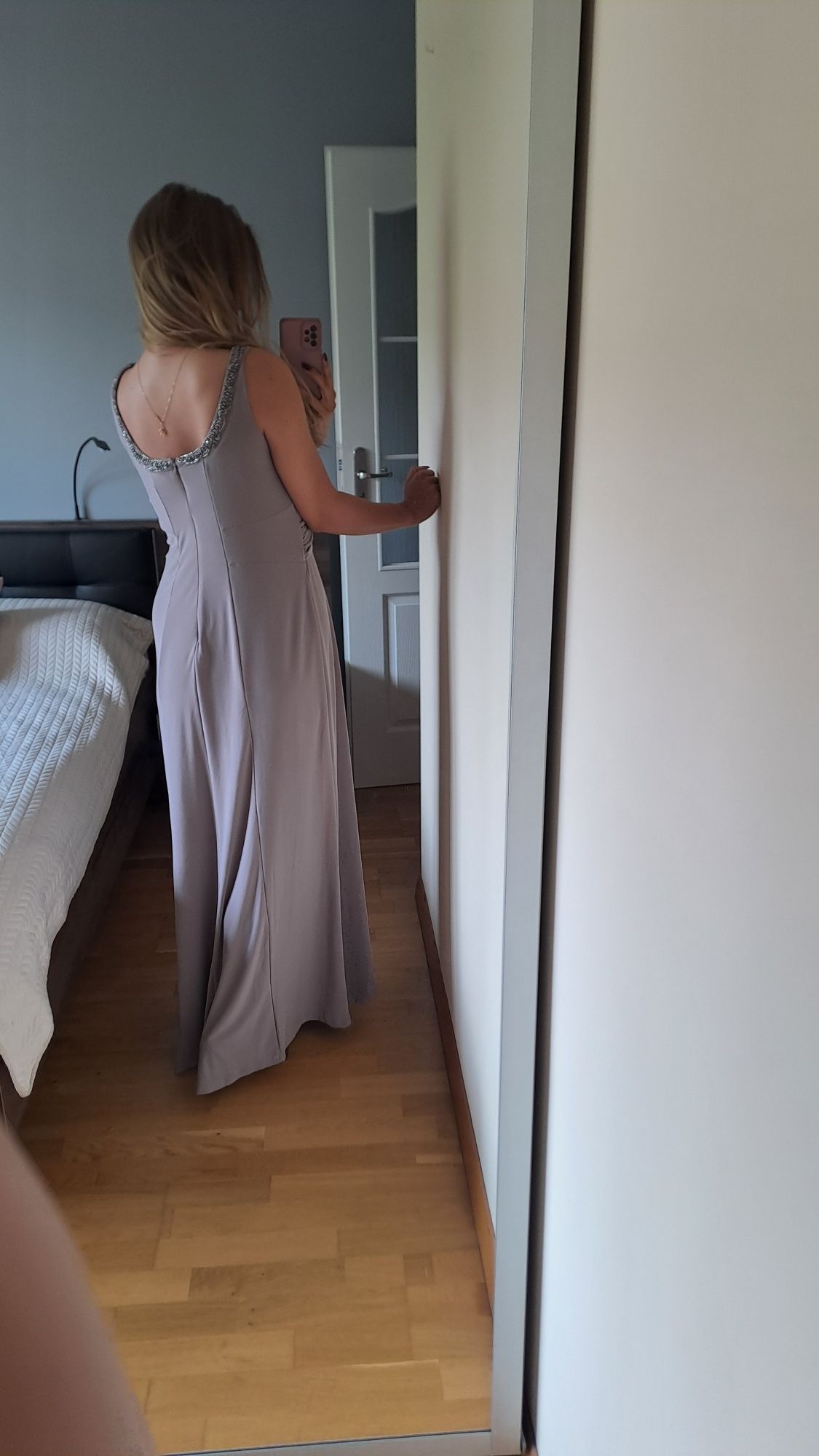 Sukienka maxi lawendowa wesele sylwester srebrna dekolt Asos 40