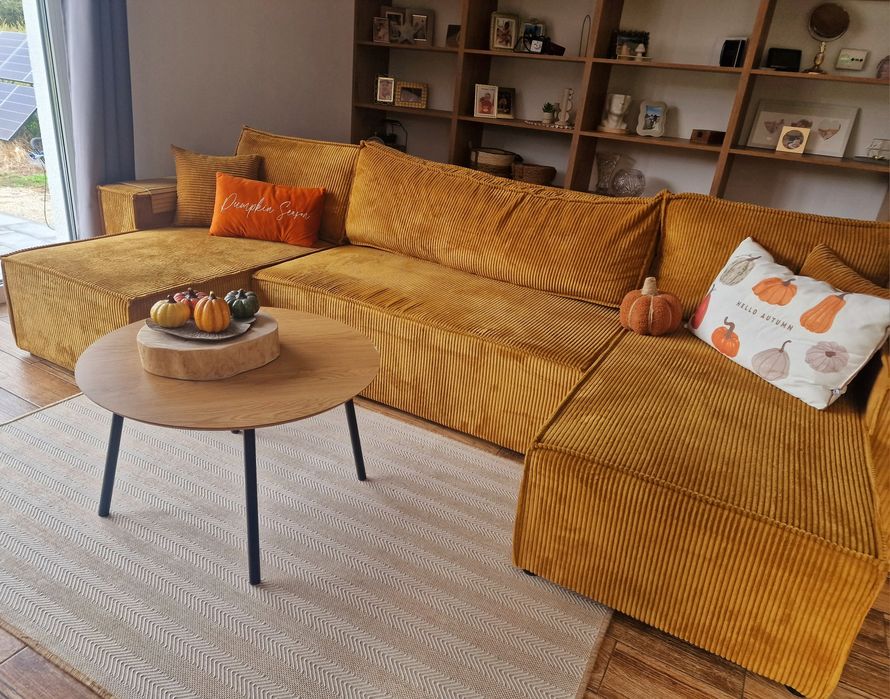 Kanapa sztruksowa musztardowa rozkładana z pojemnikiem