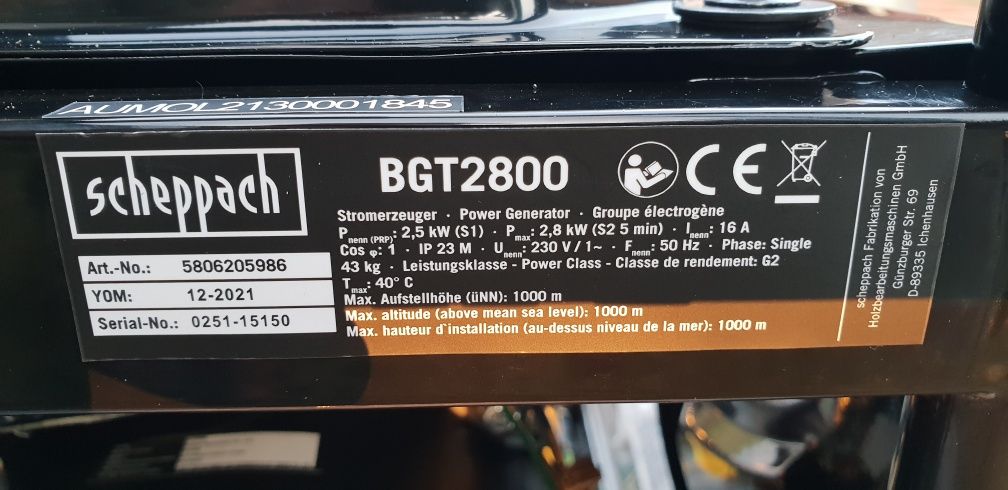 Agregat generator scheppach BGT2800  Nowy  gwarancja  5 lat.