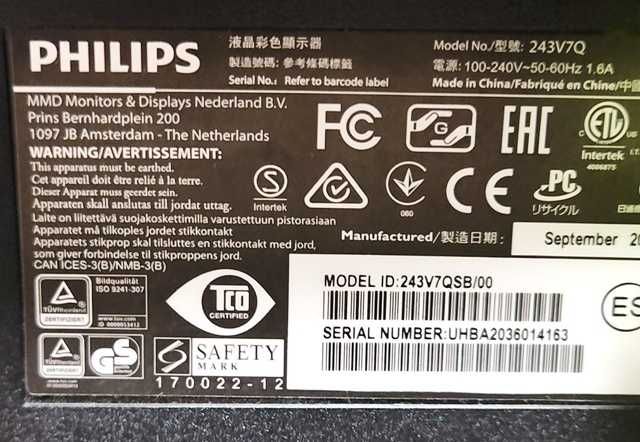Monitor LCD Full HD 24 cale PHILIPS 243V7QSB/00 1920 x 1080