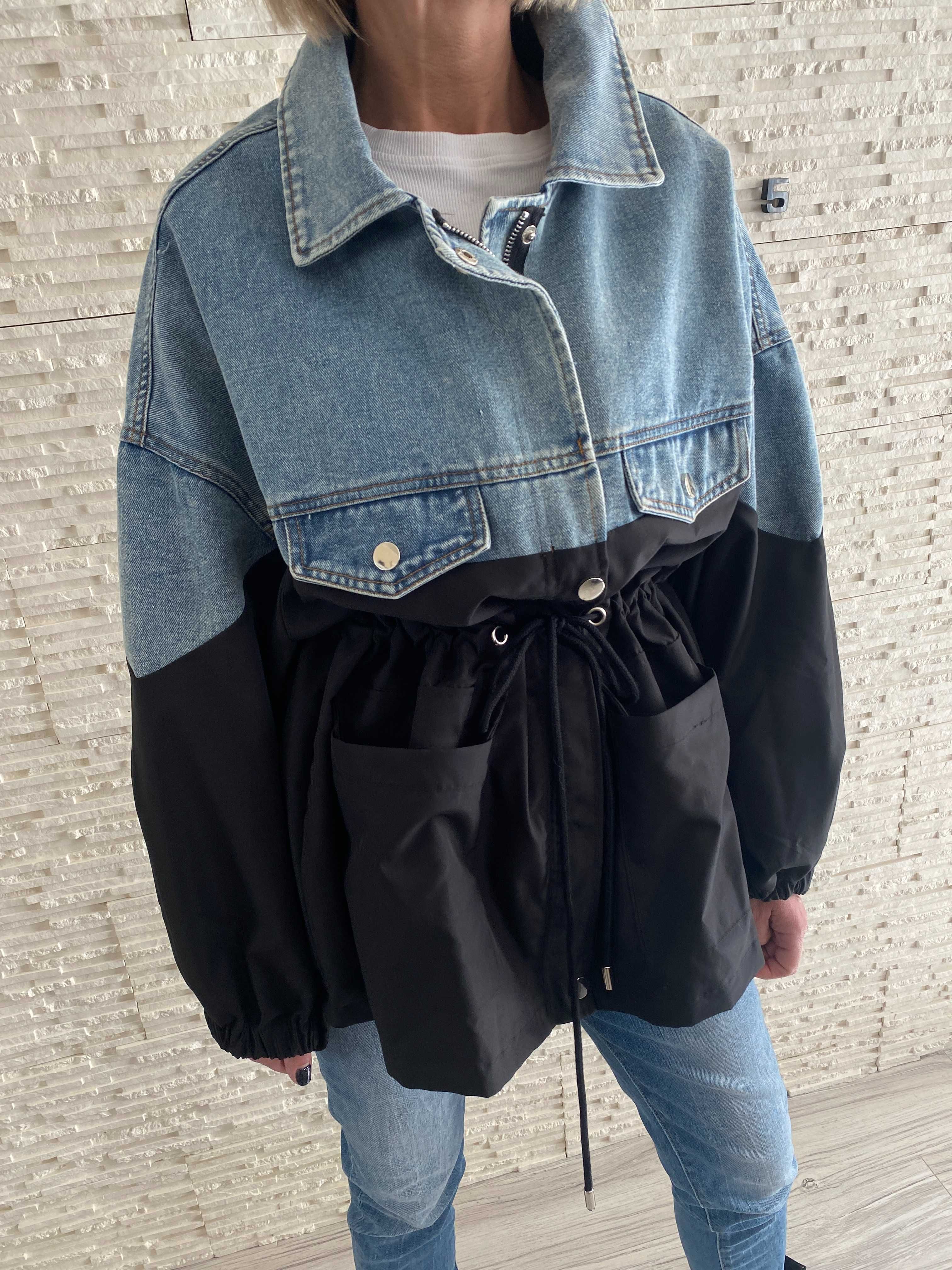 Cudowna katana parka z łączonych materiałów dżins M-L