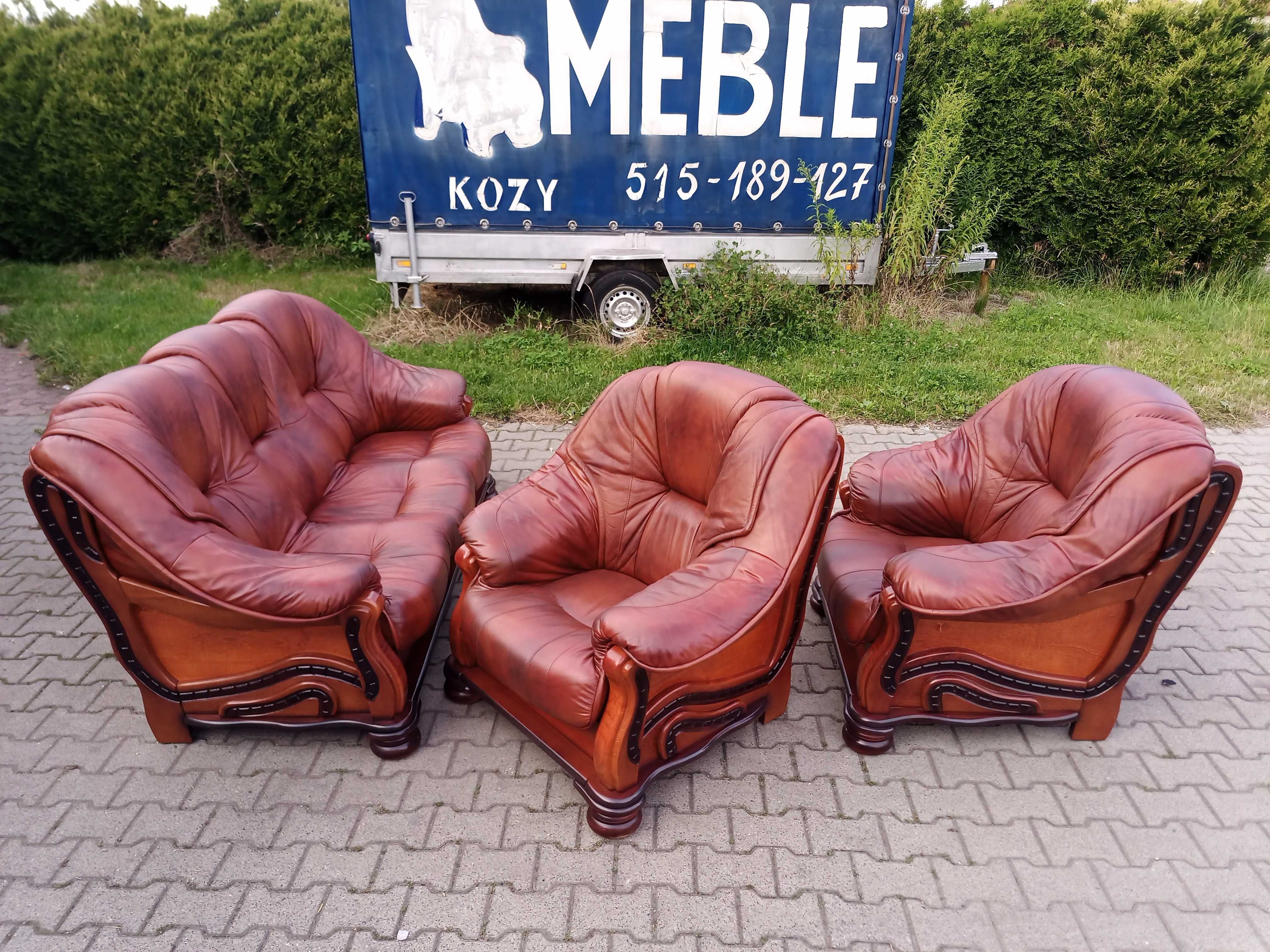 Komplet Rozkładany  SUNNY  3+1+1 i Ława , Dąb - Skóra Brąz