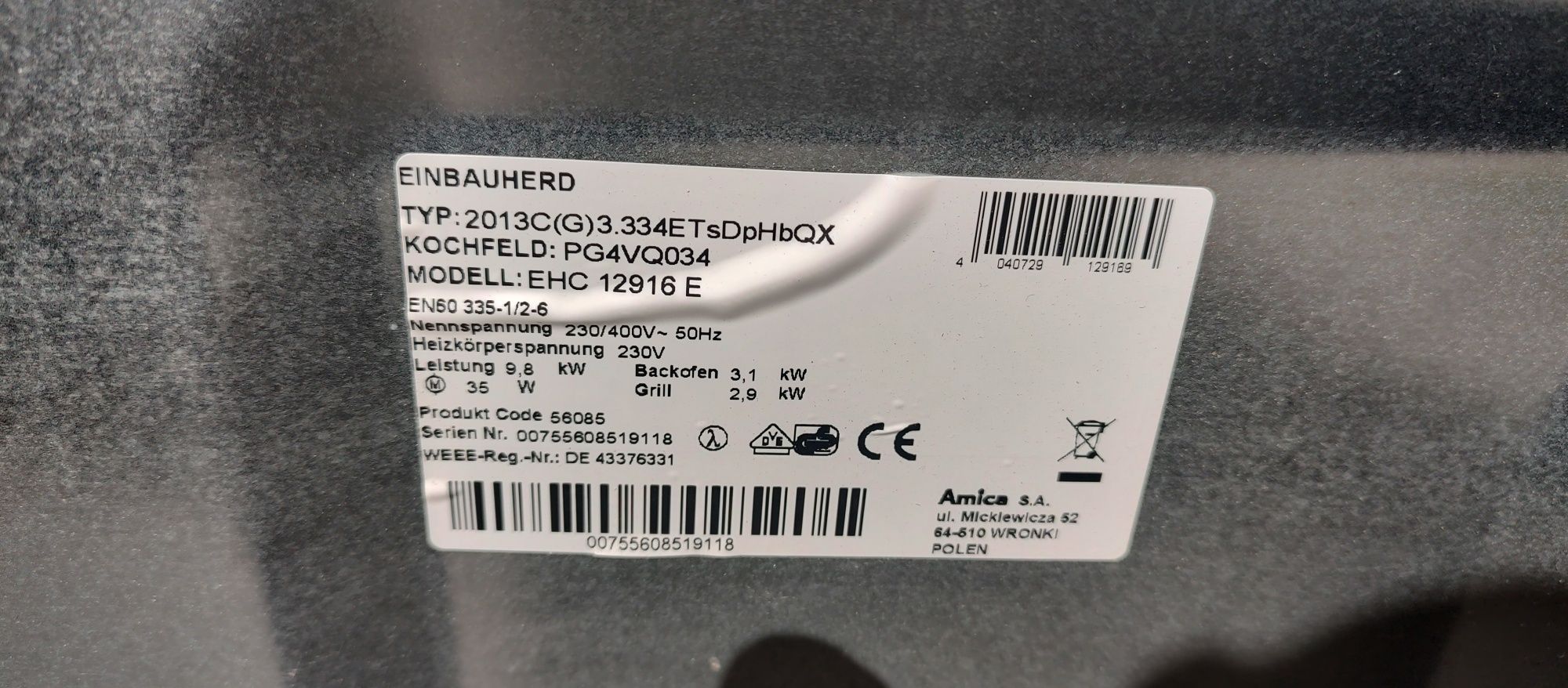 Piekarnik i płyta ceramiczna Amica EHC12916 E