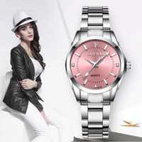 Zegarek damski różowy elegancki wodoszczelny srebrna bransoleta