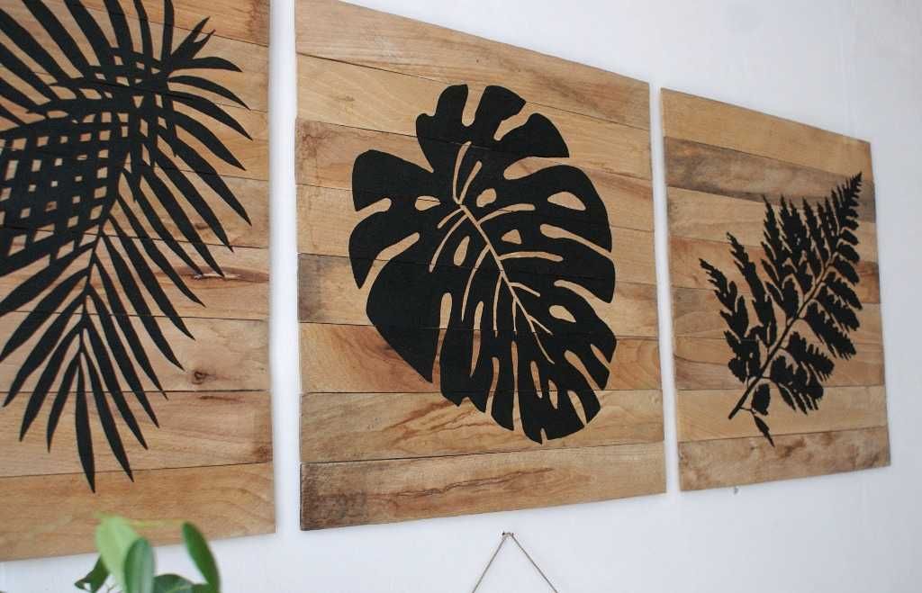 52x160 obraz tryptyk liście monstera paproć panel stare deski boho