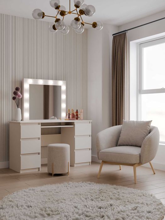 Toaletka Kosmetyczna z Lustrem Oświetlenie MARINA+ Biurko KUBA Kaszmir