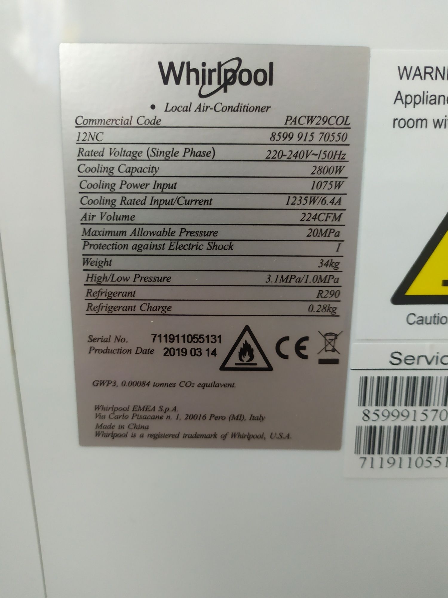 Klimatyzator przenośny WHIRLPOOL PACW29COL