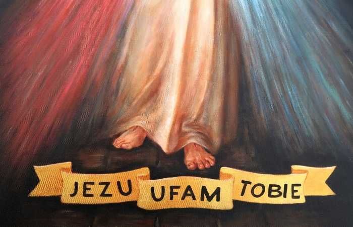 obraz malowany Jezus w modlitwie JEZU UFAM TOBIE MIŁOSIERNY rama złota