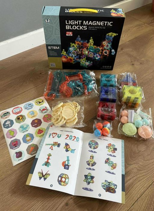 Klocki Magnetyczne Marble Tor Kulkowy Świecące Kulki 75 Elementów