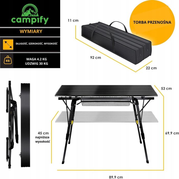 Stół Turystyczny Campify Stolik Składany Kempigowy Czarny Aluminiowy