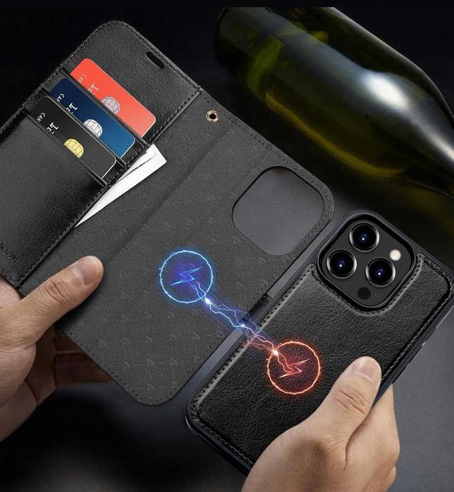 Ocase etui skórzane iPhone 15 Pro Max czarne magsafe portfel 2w1
