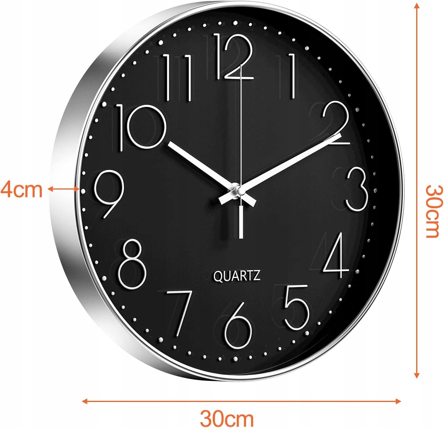 Zegar Ścienny 30cm Uootach Cichy Mechanizm Czarny Srebrny Nowoczesny