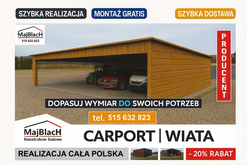 WIATA Otwarta  / ALTANA /CAROPORT na pojazd / ZADASZENIE   Maj-Blach