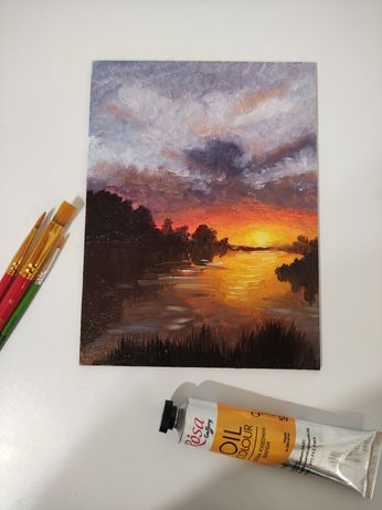 Картина маслом " Закат на озері"