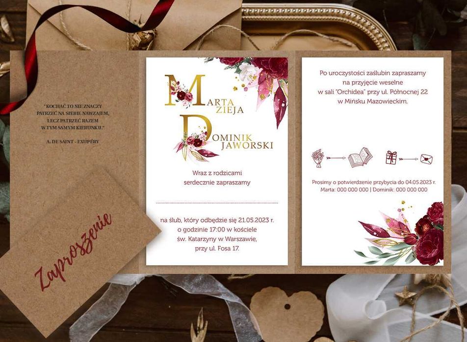 Folderowe zaproszenia czerwone inicjały