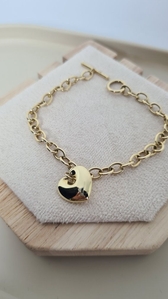 Nowa złota bransoletka typu Tiffany,serce,toggle, ogniwa,585