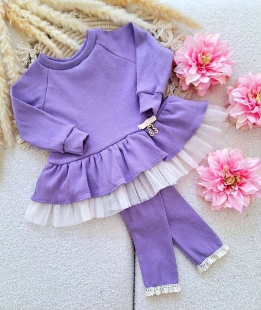 Nowość Nikol Kids Fashion fioletowy komplet tunika+legginsy prążek 128