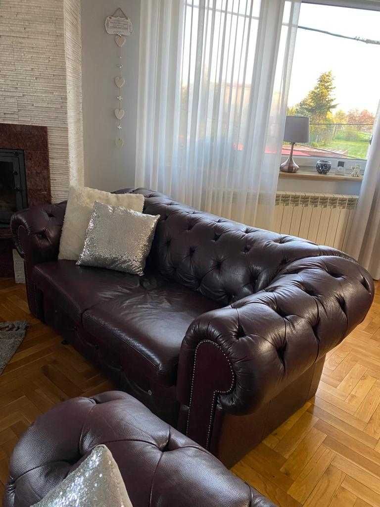 Skórzany komplet wpoczynkowy pikowany 3+2+1 typu chesterfield