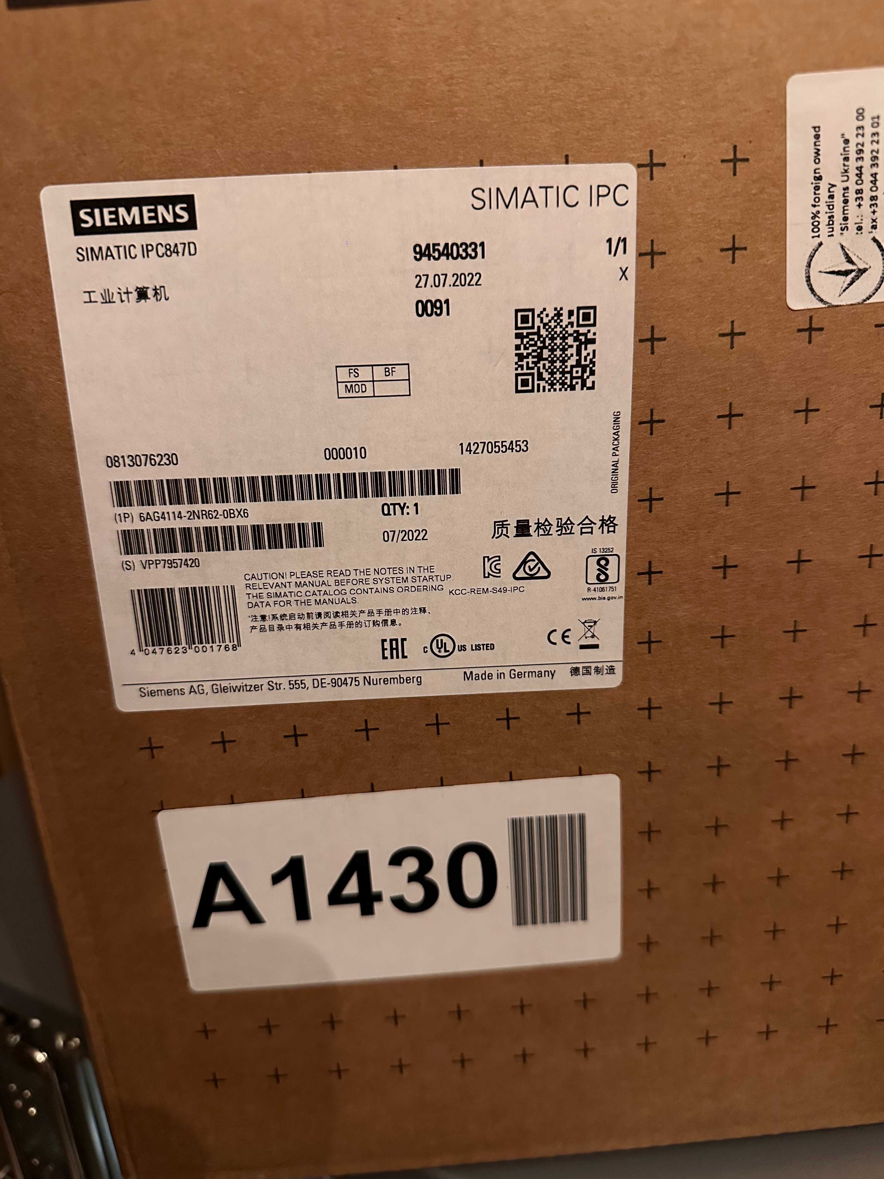 Siemens SIMATIC IPC847D Промисловий комп'ютер
6AG4114-2NR62-0BX6
