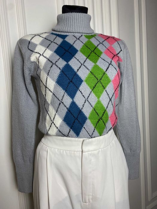 Sweter damski golf szary w kratę wzory 38 M vintage 90s na jesień zimę