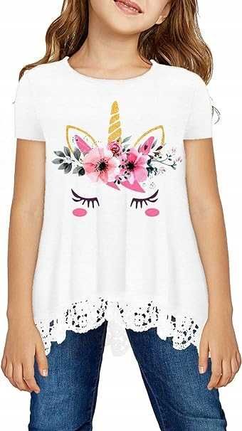Dziewczęca bluzka T-shirt Tunika z koronkowym dołem Rozmiar M 6-7 Lat